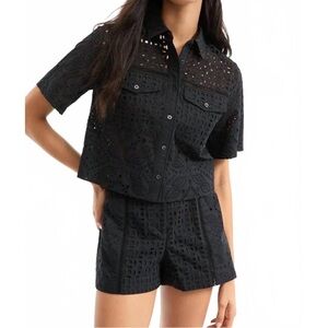 Veronica Beard Spruce Eyelet Cotton Button-Up Shirt Black Size 0 NWT